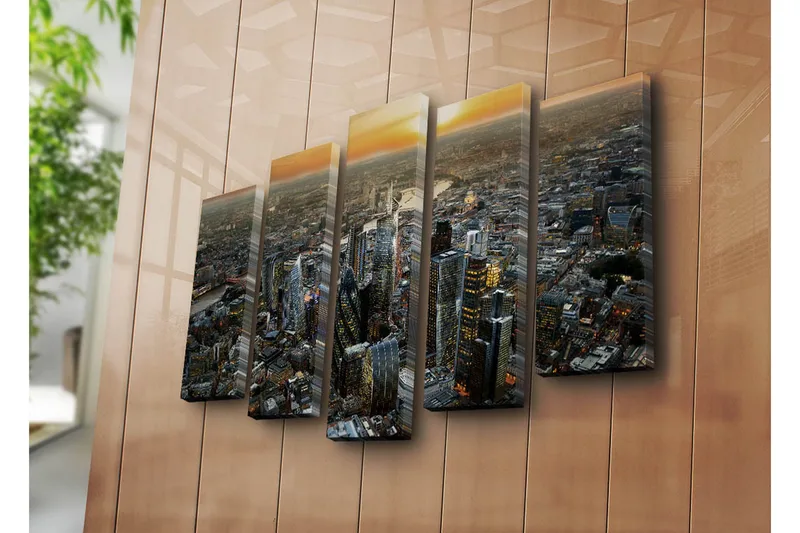 Stor Canvastavla i 5 delar 105x70 cm - Storslagen stadsbild med moderna skyskrapor i solnedgången - Mörkblå / Orange / Grå - Inredning - Tavlor & konst - Canvastavlor