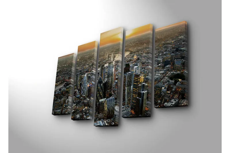 Stor Canvastavla i 5 delar 105x70 cm - Storslagen stadsbild med moderna skyskrapor i solnedgången - Mörkblå / Orange / Grå - Inredning - Tavlor & konst - Canvastavlor