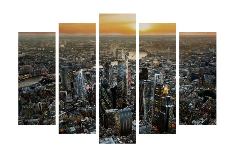 Stor Canvastavla i 5 delar 105x70 cm - Storslagen stadsbild med moderna skyskrapor i solnedgången - Mörkblå / Orange / Grå - Inredning - Tavlor & konst - Canvastavlor