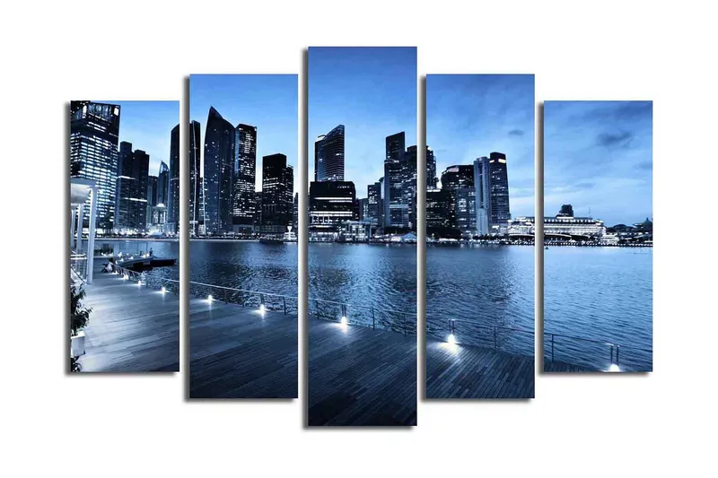 Stor Canvastavla i 5 delar 105x70 cm - Storslagen stadsbild vid vattnet med moderna skyskrapor - Blå / Mörkblå / Grå - Inredning - Tavlor & konst - Canvastavlor