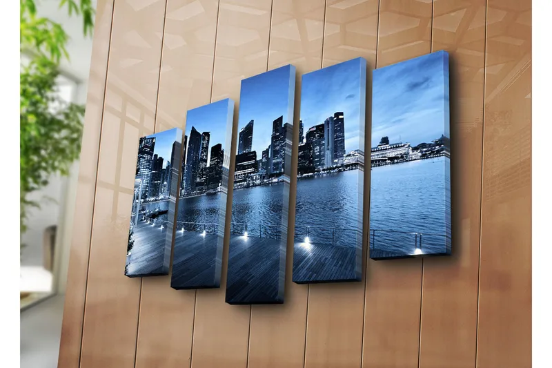 Stor Canvastavla i 5 delar 105x70 cm - Storslagen stadsbild vid vattnet med moderna skyskrapor - Blå / Mörkblå / Grå - Inredning - Tavlor & konst - Canvastavlor