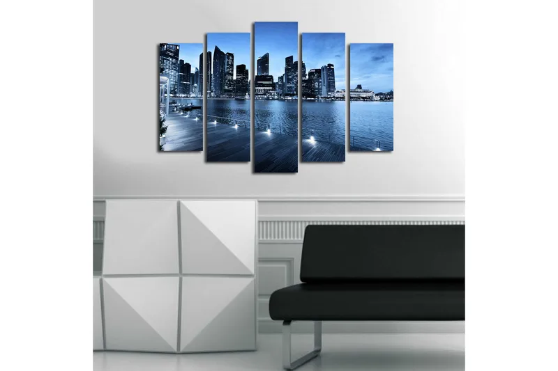Stor Canvastavla i 5 delar 105x70 cm - Storslagen stadsbild vid vattnet med moderna skyskrapor - Blå / Mörkblå / Grå - Inredning - Tavlor & konst - Canvastavlor