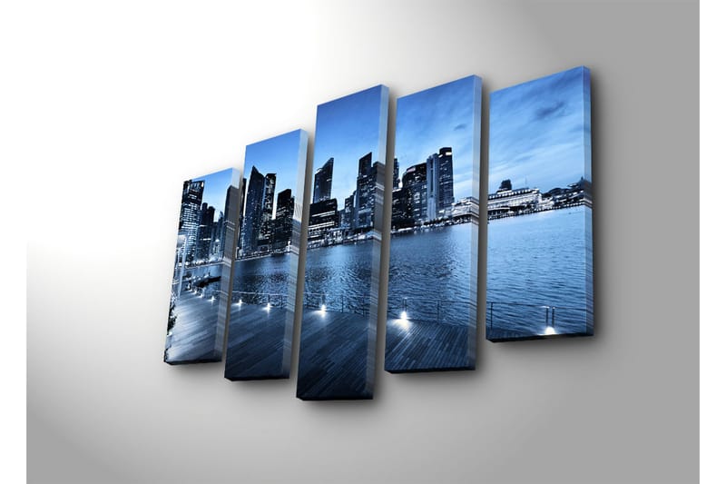 Stor Canvastavla i 5 delar 105x70 cm - Storslagen stadsbild vid vattnet med moderna skyskrapor - Blå / Mörkblå / Grå - Inredning - Tavlor & konst - Canvastavlor