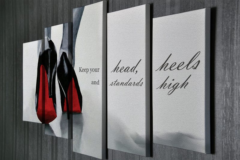 Stor Canvastavla i 5 delar 105x70 cm - Svarta högklackade skor med röda detaljer - Svart / Röd / Grå - Inredning - Tavlor & konst - Canvastavlor