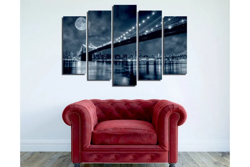 Stor Canvastavla i 5 delar 105x70 cm - Svartvit stadsbild med en bro och måne i natten - Svart / Grå / Vit - Inredning - Tavlor & konst - Canvastavlor