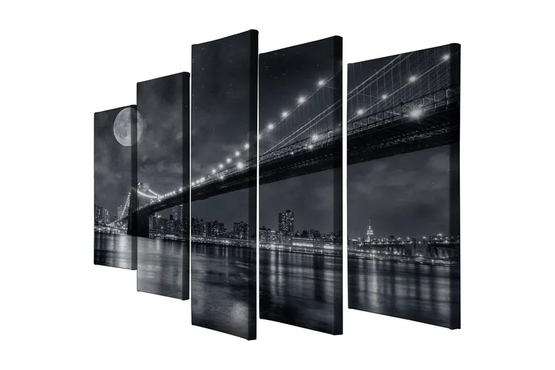 Stor Canvastavla i 5 delar 105x70 cm - Svartvit stadsbild med en bro och måne i natten - Svart / Grå / Vit - Inredning - Tavlor & konst - Canvastavlor
