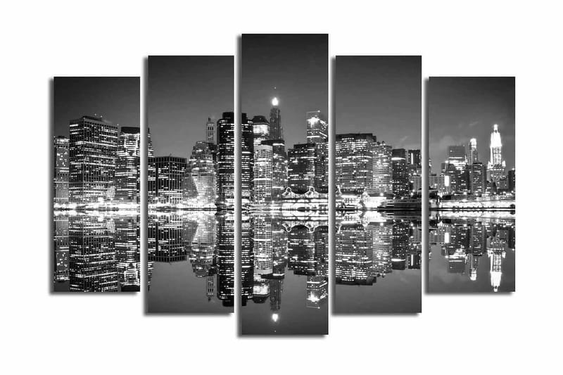 Stor Canvastavla i 5 delar 105x70 cm - Svartvit stadsbild med reflektioner i vattnet - Svart / Vitt / Grått - Inredning - Tavlor & konst - Canvastavlor