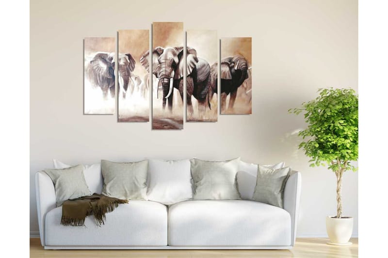 Stor Canvastavla i 5 delar 105x70 cm - Tre majestätiska elefanter i en dimmig savannmiljö - Grå / Beige / Brun - Inredning - Tavlor & konst - Canvastavlor