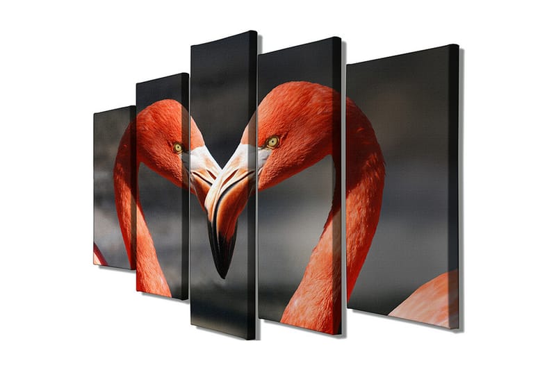 Stor Canvastavla i 5 delar 105x70 cm - Två flamingos som formar ett hjärta med sina näbbar - Röd / Svart - Inredning - Tavlor & konst - Canvastavlor