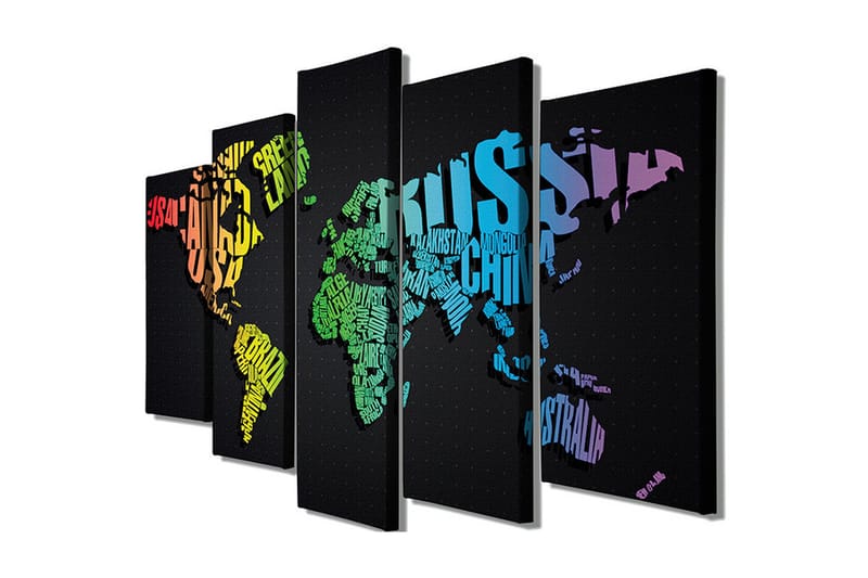 Stor Canvastavla i 5 delar 105x70 cm - Världskarta skapad av ord och namn på länder - Grön / Blå / Orange - Inredning - Tavlor & konst - Canvastavlor