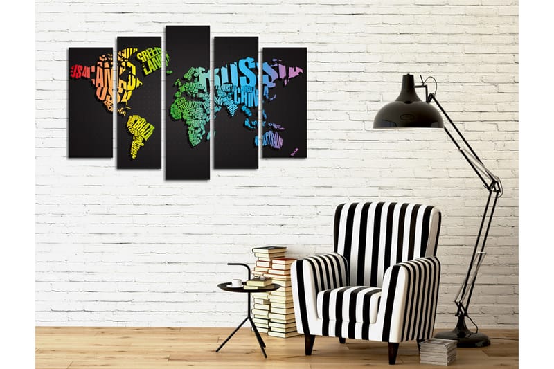 Stor Canvastavla i 5 delar 105x70 cm - Världskarta skapad av ord och namn på länder - Grön / Blå / Orange - Inredning - Tavlor & konst - Canvastavlor