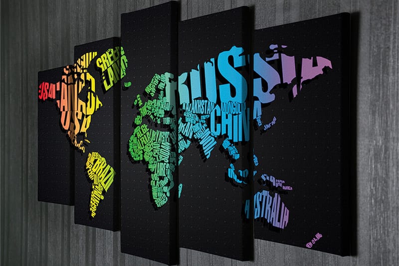 Stor Canvastavla i 5 delar 105x70 cm - Världskarta skapad av ord och namn på länder - Grön / Blå / Orange - Inredning - Tavlor & konst - Canvastavlor