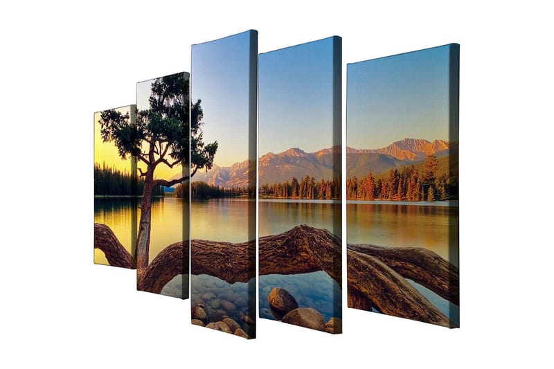 Stor Canvastavla i 5 delar 105x70 cm - Vacker sjölandskap med en ensam trädkrona vid vattnet - Grön / Blå / Brun - Inredning - Tavlor & konst - Canvastavlor