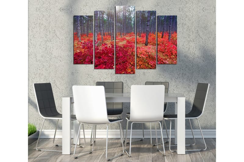 Stor Canvastavla i 5 delar 105x70 cm - Vacker skog med höstfärger och röda löv - Röd / Grön / Brun - Inredning - Tavlor & konst - Canvastavlor