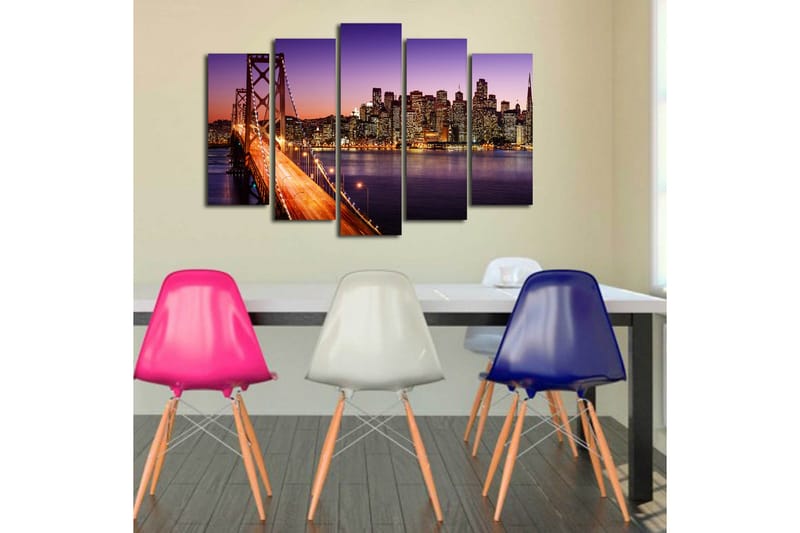 Stor Canvastavla i 5 delar 105x70 cm - Vacker vy över en stad med en bro i skymning - Lila / Orange / Blå - Inredning - Tavlor & konst - Canvastavlor