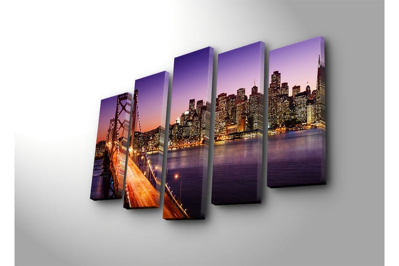 Stor Canvastavla i 5 delar 105x70 cm - Vacker vy över en stad med en bro i skymning - Lila / Orange / Blå - Inredning - Tavlor & konst - Canvastavlor