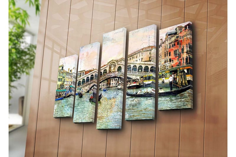 Stor Canvastavla i 5 delar 105x70 cm - Vacker vy av Rialtobron i Venedig med gondoler i kanalen - Blå / Grön / Beige - Inredning - Tavlor & konst - Canvastavlor
