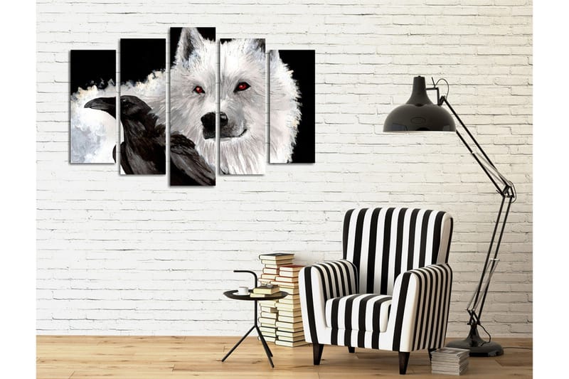 Stor Canvastavla i 5 delar 105x70 cm - Varg med röda ögon och en svart kråka i kontrasterande färger - Vit / Svart / Röd - Inredning - Tavlor & konst - Canvastavlor