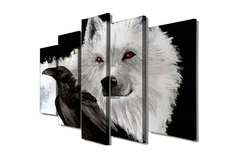 Stor Canvastavla i 5 delar 105x70 cm - Varg med röda ögon och en svart kråka i kontrasterande färger - Vit / Svart / Röd - Inredning - Tavlor & konst - Canvastavlor