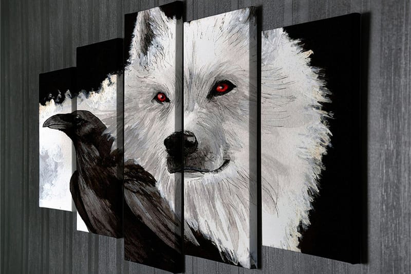 Stor Canvastavla i 5 delar 105x70 cm - Varg med röda ögon och en svart kråka i kontrasterande färger - Vit / Svart / Röd - Inredning - Tavlor & konst - Canvastavlor