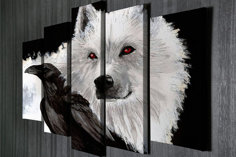 Stor Canvastavla i 5 delar 105x70 cm - Varg med röda ögon och en svart kråka i kontrasterande färger - Vit / Svart / Röd - Inredning - Tavlor & konst - Canvastavlor