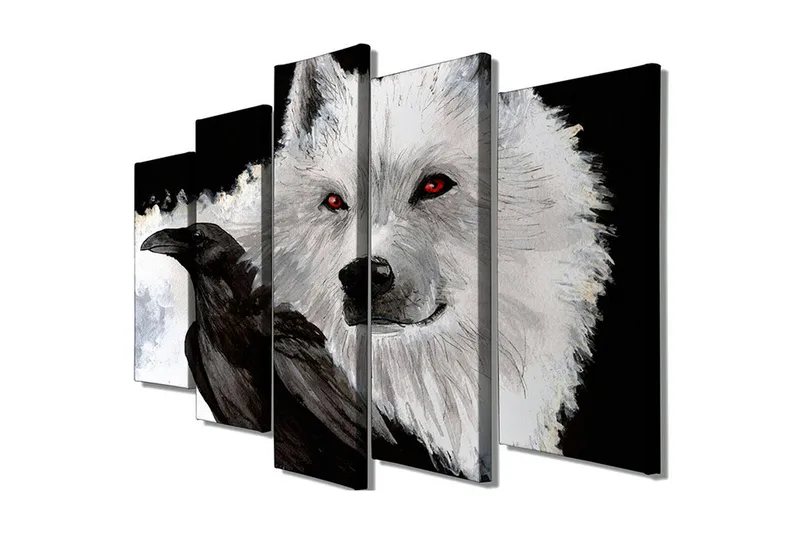 Stor Canvastavla i 5 delar 105x70 cm - Varg med röda ögon och en svart kråka i kontrasterande färger - Vit / Svart / Röd - Inredning - Tavlor & konst - Canvastavlor
