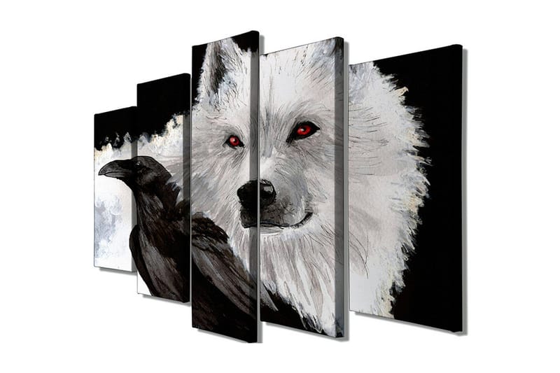 Stor Canvastavla i 5 delar 105x70 cm - Varg med röda ögon och en svart kråka i kontrasterande färger - Vit / Svart / Röd - Inredning - Tavlor & konst - Canvastavlor
