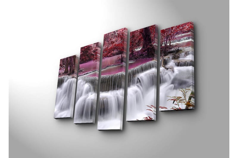 Stor Canvastavla i 5 delar 105x70 cm - Vattenfall omgiven av lila och röda träd - Lila / Röd / Vit - Inredning - Tavlor & konst - Canvastavlor