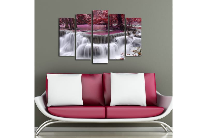 Stor Canvastavla i 5 delar 105x70 cm - Vattenfall omgiven av lila och röda träd - Lila / Röd / Vit - Inredning - Tavlor & konst - Canvastavlor