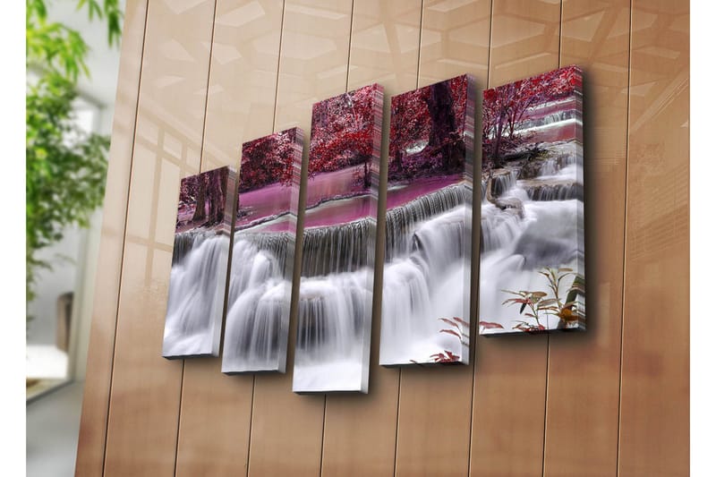 Stor Canvastavla i 5 delar 105x70 cm - Vattenfall omgiven av lila och röda träd - Lila / Röd / Vit - Inredning - Tavlor & konst - Canvastavlor