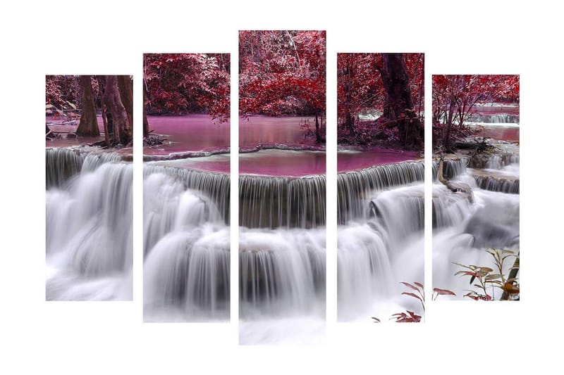 Stor Canvastavla i 5 delar 105x70 cm - Vattenfall omgiven av lila och röda träd - Lila / Röd / Vit - Inredning - Tavlor & konst - Canvastavlor
