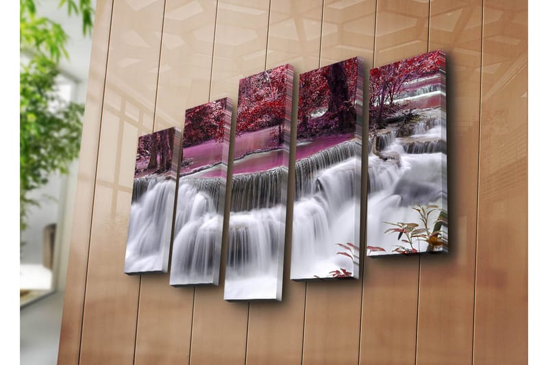 Stor Canvastavla i 5 delar 105x70 cm - Vattenfall omgiven av lila och röda träd - Lila / Röd / Vit - Inredning - Tavlor & konst - Canvastavlor