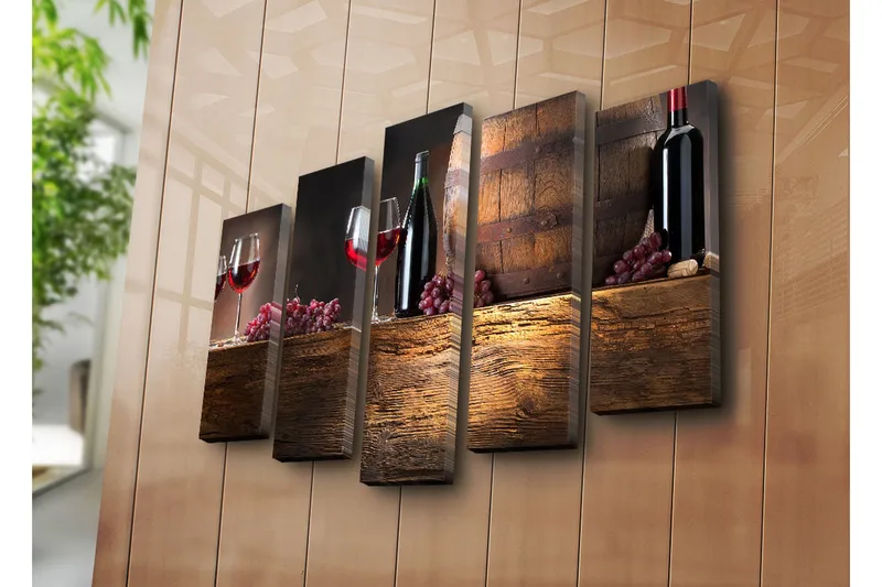 Stor Canvastavla i 5 delar 105x70 cm - Viner och druvor i en rustik miljö - Röd / Brun / Lila - Inredning - Tavlor & konst - Canvastavlor