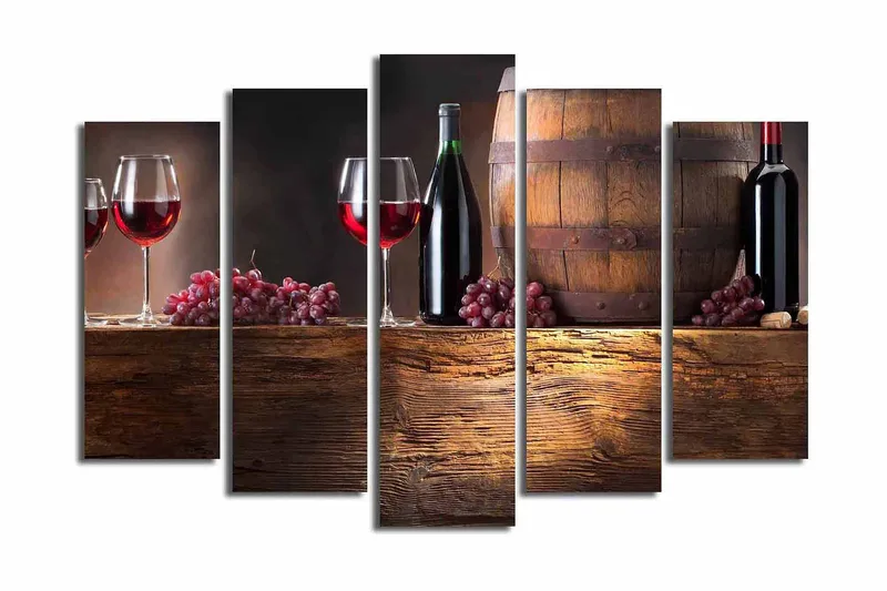 Stor Canvastavla i 5 delar 105x70 cm - Viner och druvor i en rustik miljö - Röd / Brun / Lila - Inredning - Tavlor & konst - Canvastavlor