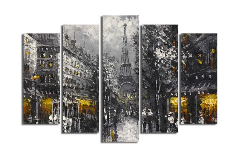 Stor Canvastavla i 5 delar 105x70 cm - Parisisk stadsbild med Eiffeltornet i skymningen - Grå / Svart / Guld - Inredning - Tavlor & konst - Canvastavlor