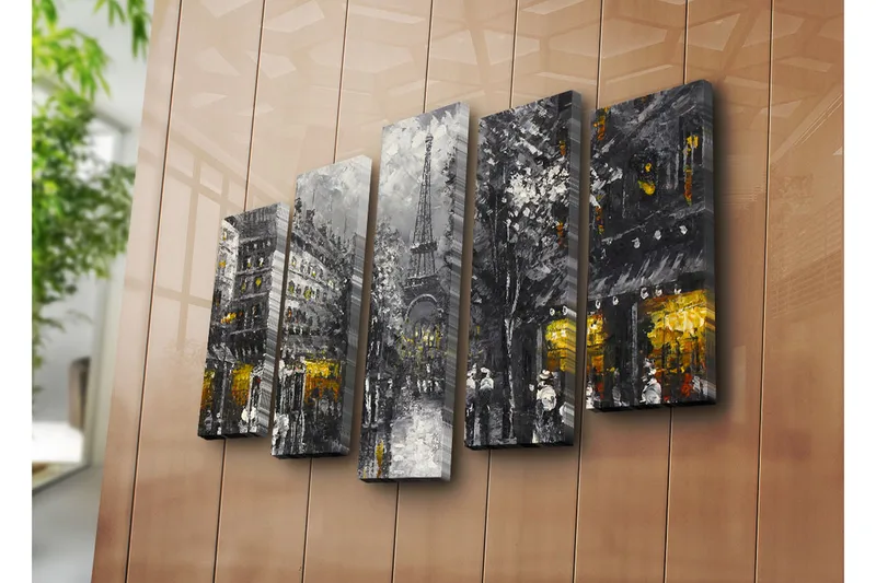 Stor Canvastavla i 5 delar 105x70 cm - Parisisk stadsbild med Eiffeltornet i skymningen - Grå / Svart / Guld - Inredning - Tavlor & konst - Canvastavlor