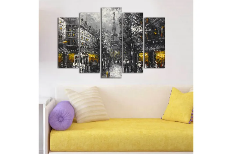 Stor Canvastavla i 5 delar 105x70 cm - Parisisk stadsbild med Eiffeltornet i skymningen - Grå / Svart / Guld - Inredning - Tavlor & konst - Canvastavlor