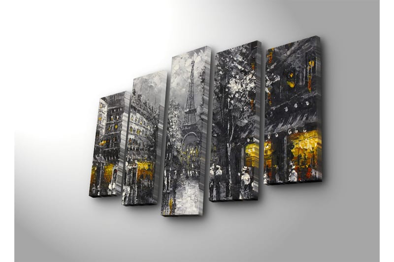 Stor Canvastavla i 5 delar 105x70 cm - Parisisk stadsbild med Eiffeltornet i skymningen - Grå / Svart / Guld - Inredning - Tavlor & konst - Canvastavlor