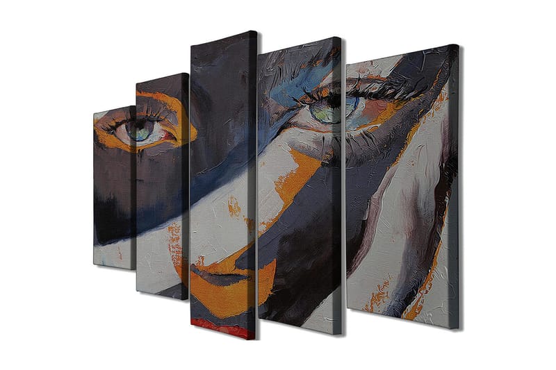 Stor Canvastavla i 5 delar 105x70 cm - Porträtt av en kvinna med uttrycksfulla ögon - Mörkblå / Orange / Grå - Inredning - Tavlor & konst - Canvastavlor