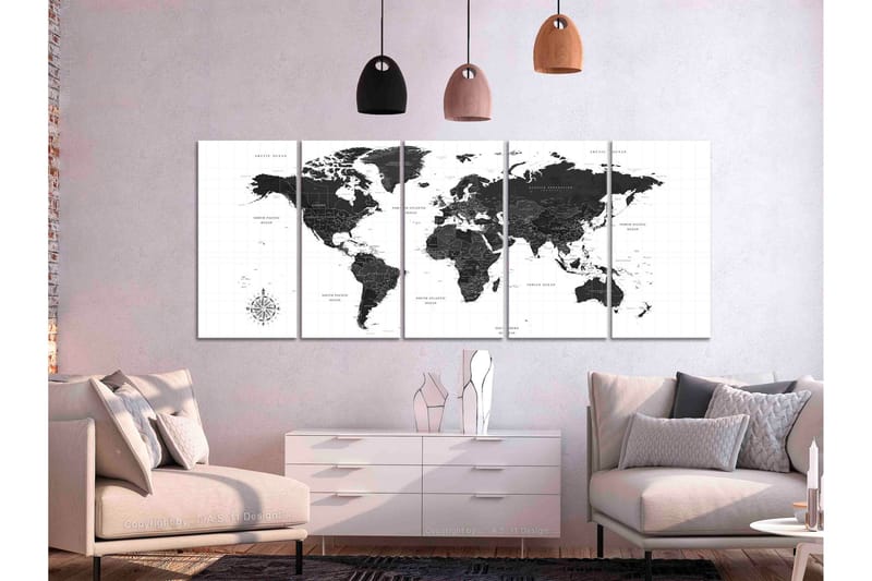 Tavla Black And White Map 5 Parts Narrow 200x80 - Artgeist sp. z o. o. - Inredning - Tavlor & konst - Canvastavlor
