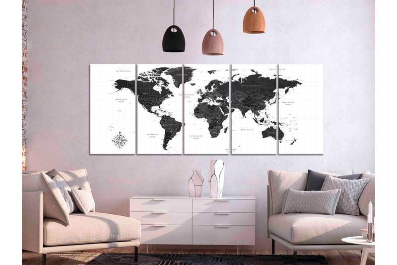 Tavla Black And White Map 5 Parts Narrow 225x90 - Artgeist sp. z o. o. - Inredning - Tavlor & konst - Canvastavlor