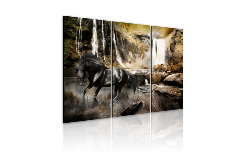 Tavla Black Horse And Rocky Waterfall 120x80 - Artgeist sp. z o. o. - Canvastavlor