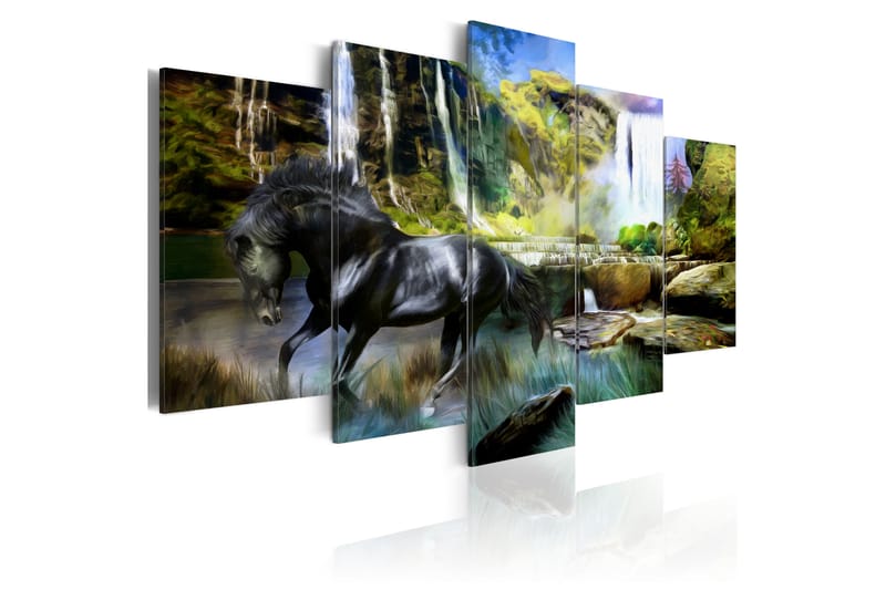 Tavla Black Horse Background Of Paradise Waterfall 100x50 - Artgeist sp. z o. o. - Canvastavlor