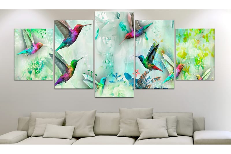Tavla Colourful Hummingbirds 5 Parts Wide Green 200x100 - Artgeist sp. z o. o. - Inredning - Tavlor & konst - Canvastavlor