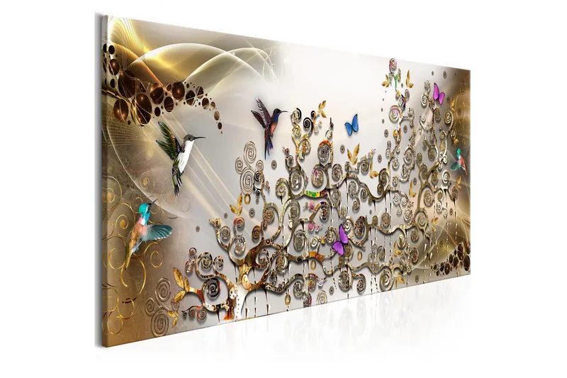 Tavla Hummingbirds Dance (1 Part) Gold Narrow 150x50 - Artgeist sp. z o. o. - Inredning - Tavlor & konst - Canvastavlor