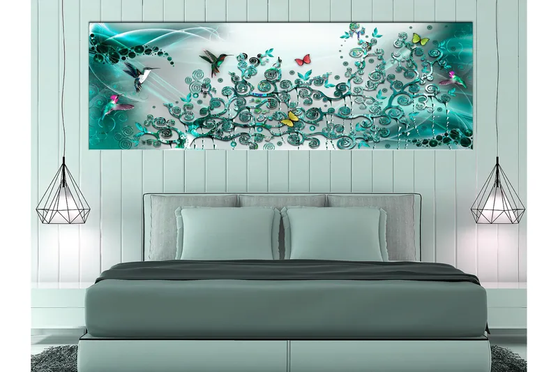 Tavla Hummingbirds Dance (1 Part) Turquoise Narrow 150x50, Artgeist sp. z o. o.