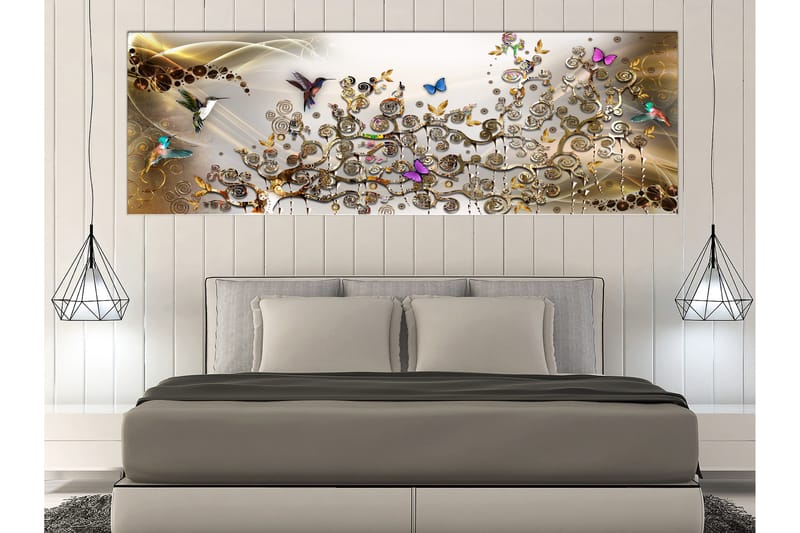 Tavla Hummingbirds Dance (1 Part) Gold Narrow 150x50, Artgeist sp. z o. o.