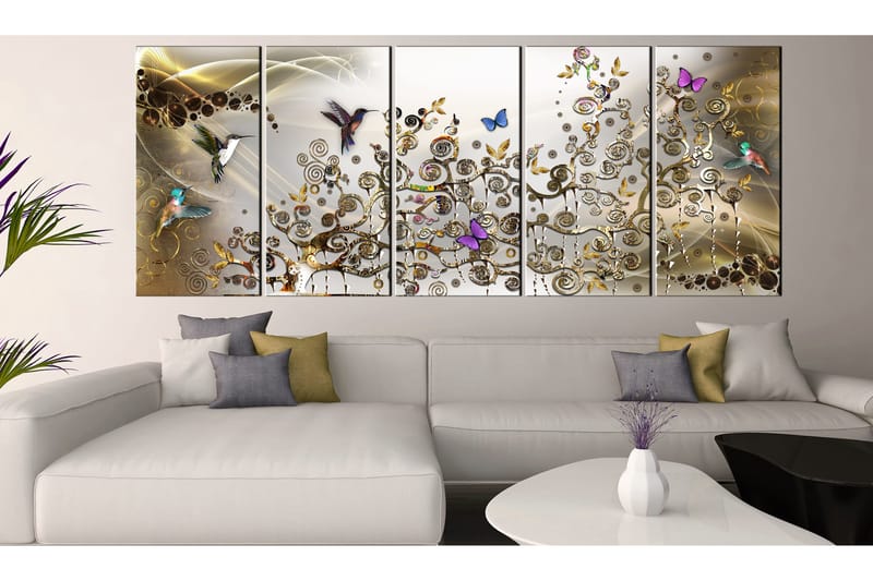 Tavla Hummingbirds Dance 5 Parts Gold Narrow 225x90 - Artgeist sp. z o. o. - Inredning - Tavlor & konst - Canvastavlor