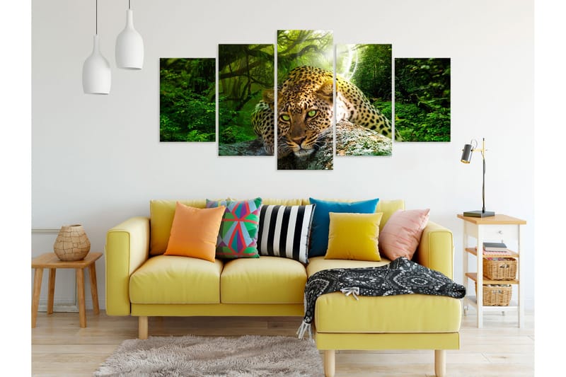 Tavla Leopard Lying 5 Parts Wide Green 200x100 - Artgeist sp. z o. o. - Inredning - Tavlor & konst - Canvastavlor