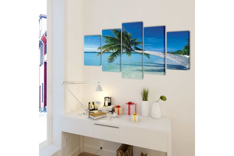 Uppsättning väggbonader på duk: strand med palm 200x100 cm - Flerfärgad - Inredning - Tavlor & konst - Canvastavlor